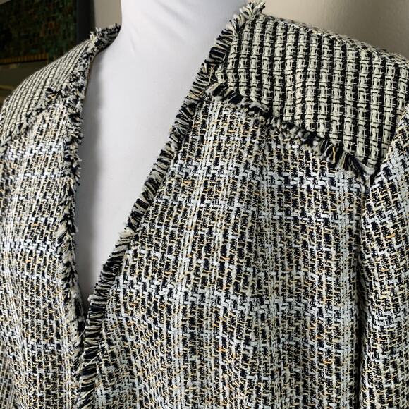 Chico’s Size 3 (XL 16/18) Tweed Jacket Open Front Black White Gold Fringe Trim - Picture 8 of 9